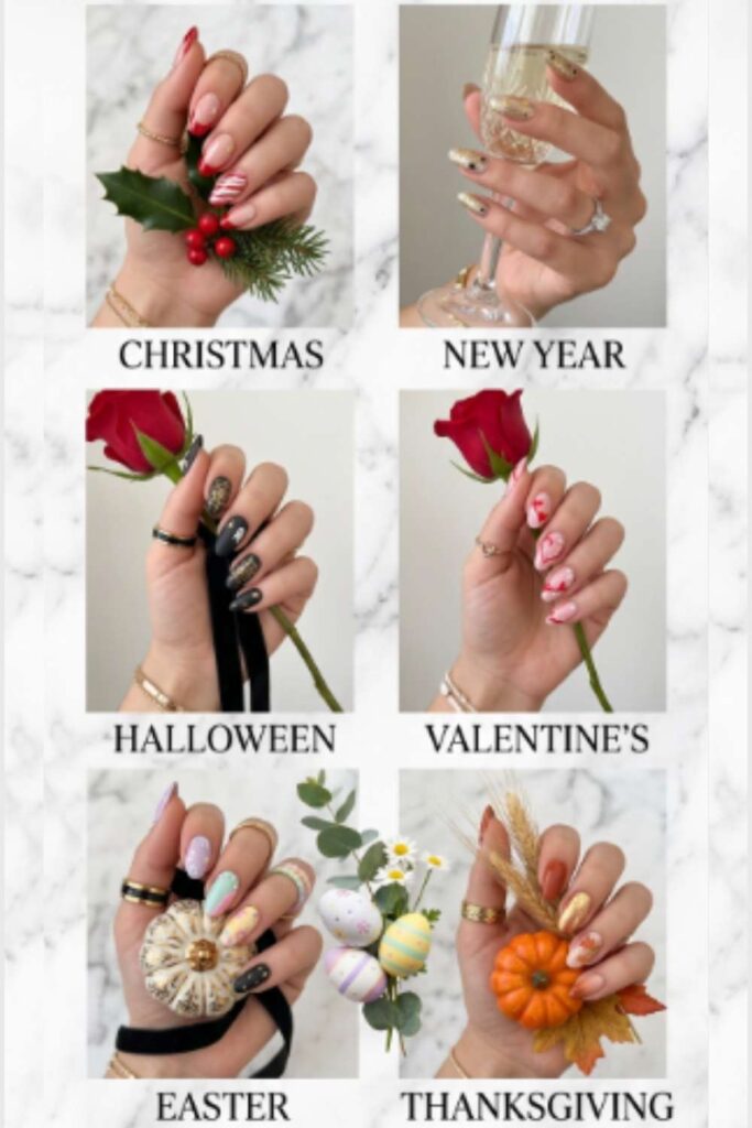 Seasonal nail polish colors arranged from spring pastels to rich winter jewel tones.