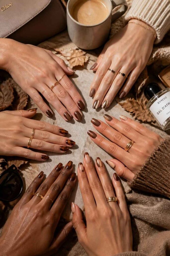 Different aesthetic brown fall nails displayed on elegant hands showing matte, glossy, French tip, ombré, and foil nail styles for various personal aesthetics.