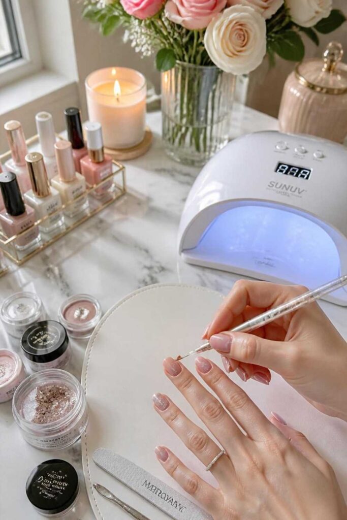 DIY manicure workspace showing tools and step-by-step process for creating Short Nail Designs at home.