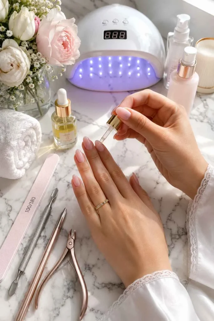 Applying cuticle oil to freshly manicured gel nails beside professional manicure tools.