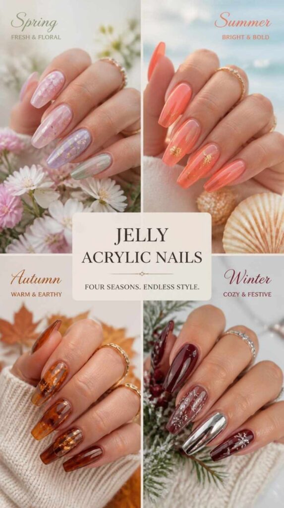Seasonal jelly acrylic nails featuring pastel spring shades, bright summer colors, warm autumn tones, and elegant winter-inspired translucent nail designs.