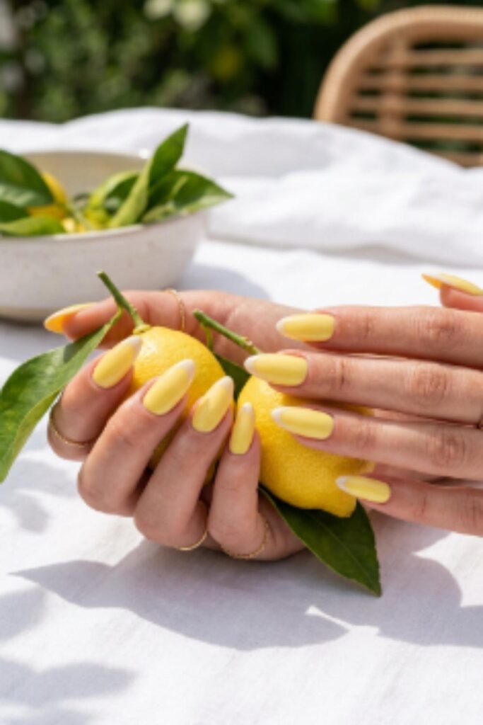 Soft lemon yellow nails with sheer white French tips creating a fresh citrus-inspired summer manicure.