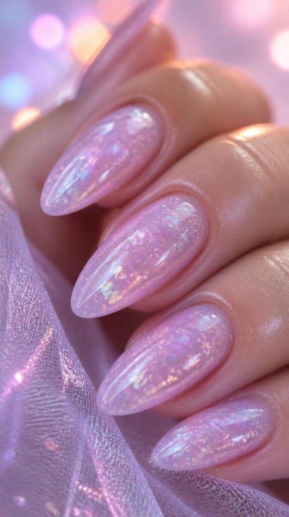 Lilac pink jelly acrylic nails with shimmering iridescent butterfly dust creating a luminous color-shifting finish.
