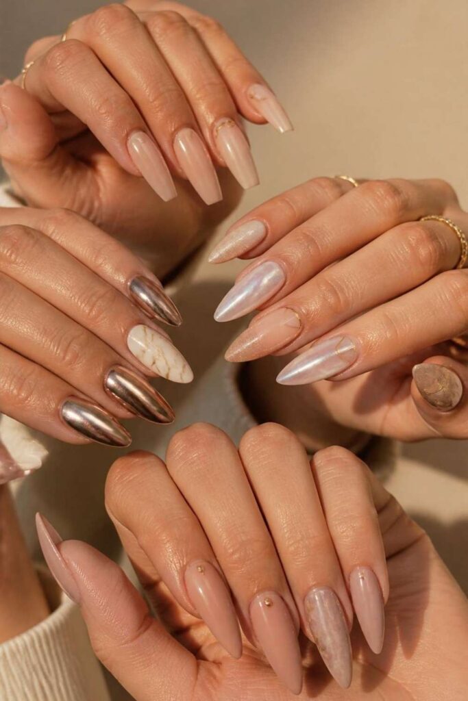 Luxury long acrylic nail inspo featuring wearable almond, coffin, square, and stiletto acrylic nail designs with glossy and chrome finishes.