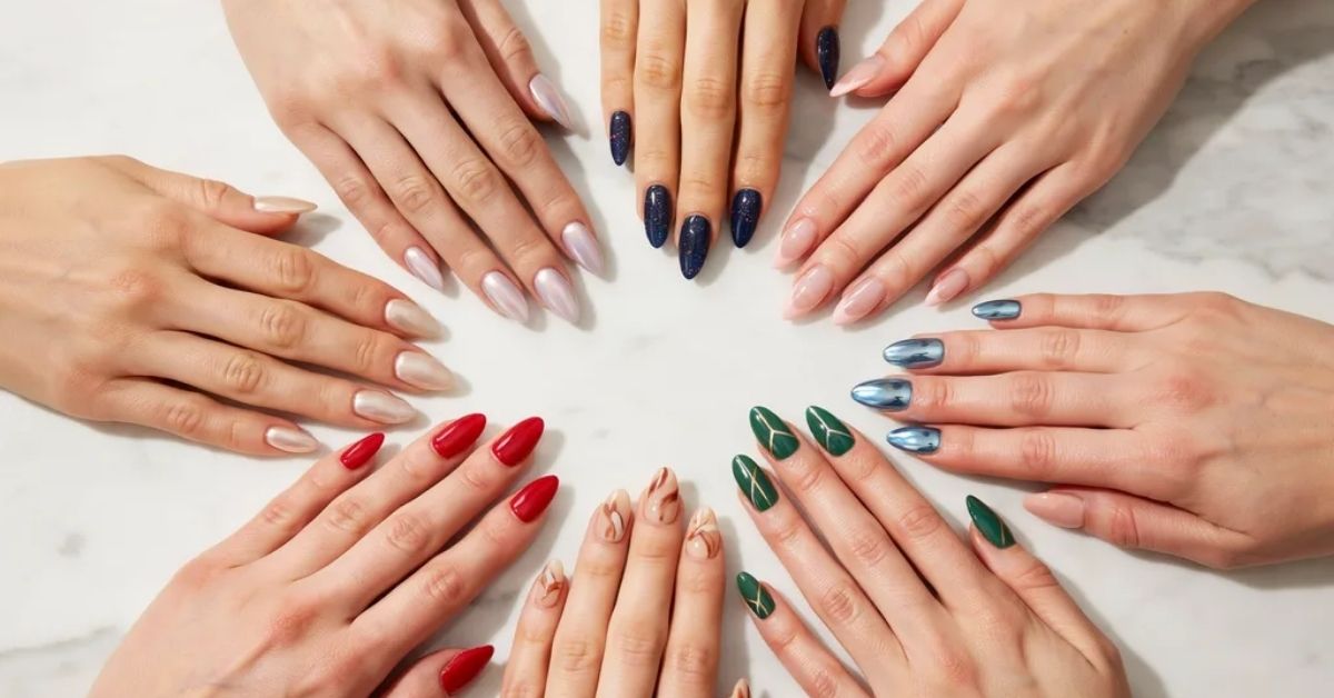 Long acrylic nail inspo featuring almond, coffin, square, and stiletto acrylic nail designs in glossy, chrome, matte, and glazed finishes for 2026.