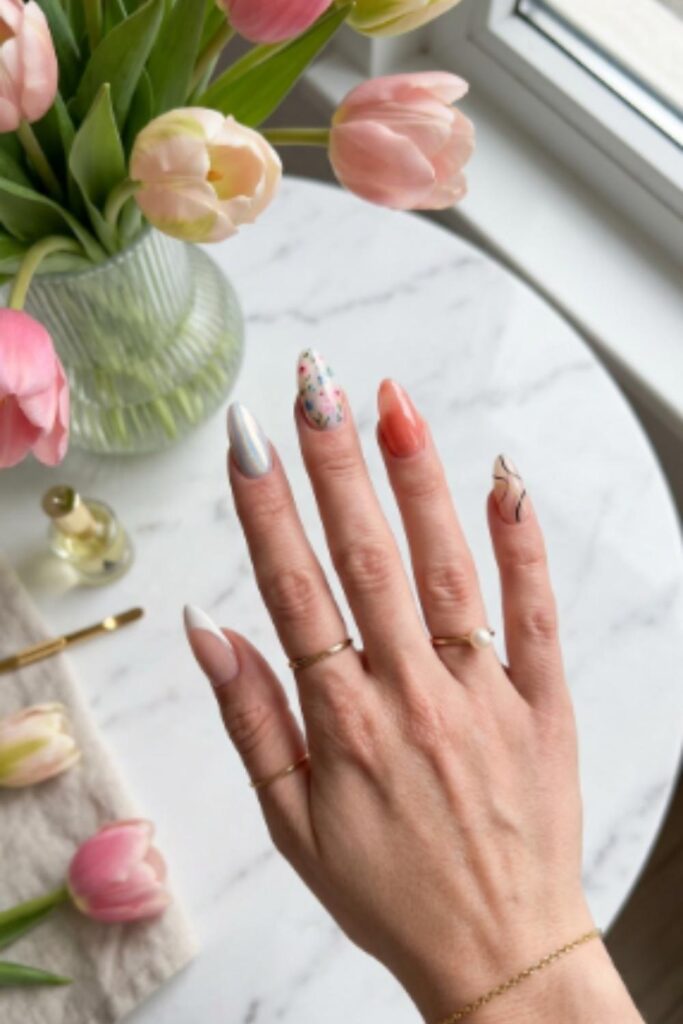 Elegant hand displaying five different Long Nail Designs including French tips, chrome, floral, jelly, and minimalist nail art.