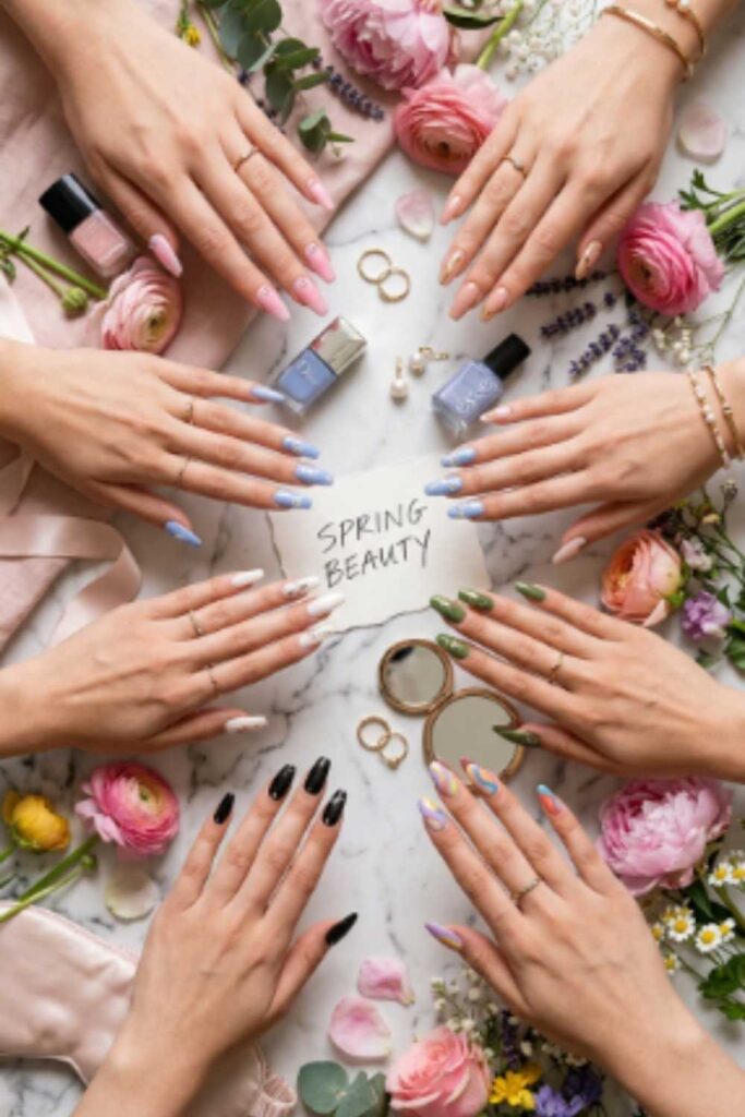 Colorful Long Nail Designs featuring pink, nude, blue, pastel, green, white, black, and multicolor manicures.