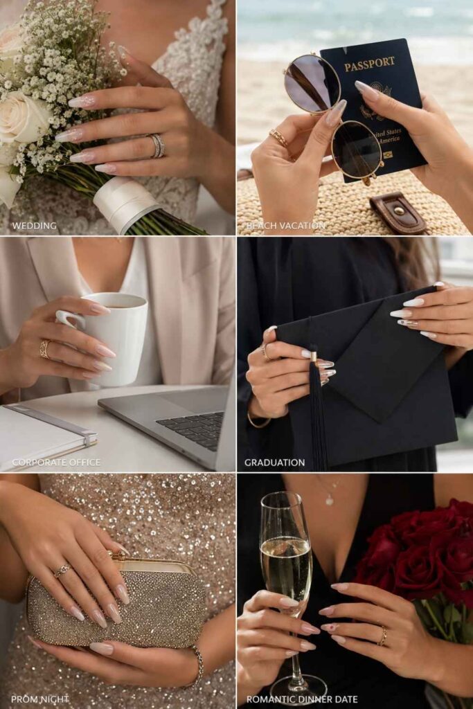 Elegant Long Nail Designs styled for weddings, vacations, office, graduation, prom, and date nights.