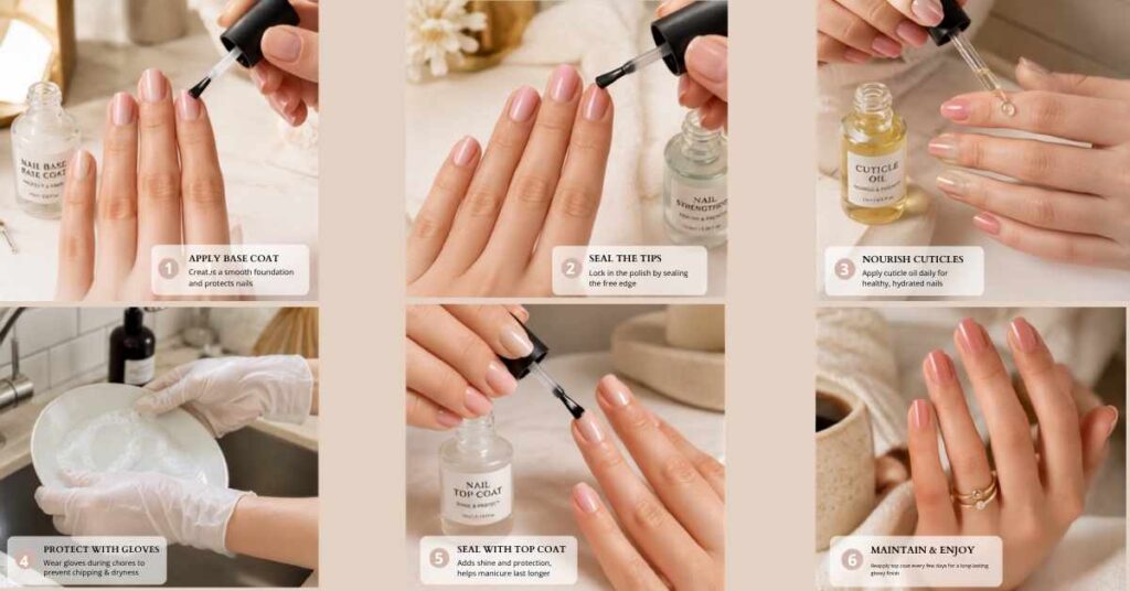 Nail care routine using base coat, top coat, cuticle oil, and protective gloves to extend manicure wear.