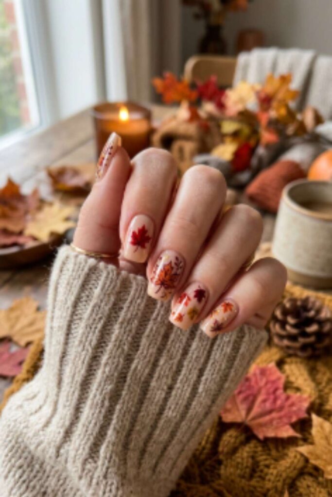 Nude manicure decorated with detailed maple leaf nail art in red, orange, and golden autumn shades.