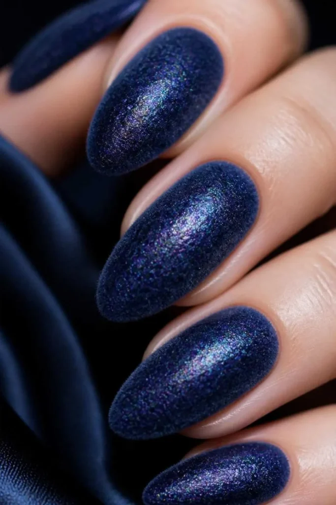 Macro view of almond-shaped Velvet Gel Nails in midnight navy with flocking powder layered over a holographic shimmer base.