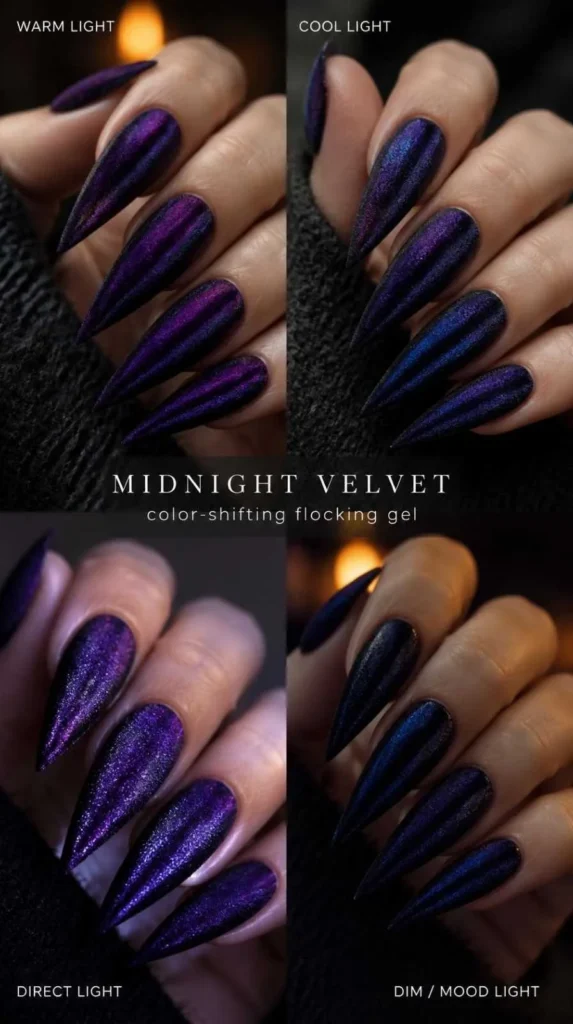Stiletto Velvet Gel Nails in midnight purple with flocking powder showing a blue-black color shift under dramatic lighting.