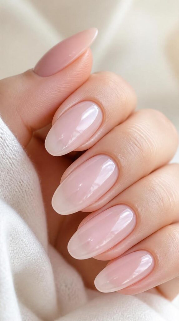 Pale milky pink acrylic nails with a translucent glossy finish on long oval-shaped nails.