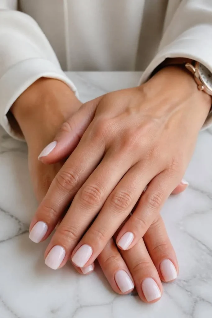 Short square professional nails painted in soft milky white gel polish with a delicate glossy sheen and perfectly groomed cuticles.