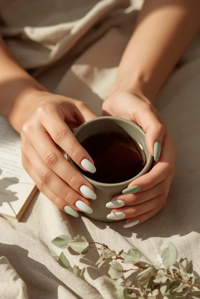 Short squoval nails alternating between classic French tips and glossy sage green polish in a chic minimalist mismatched manicure.