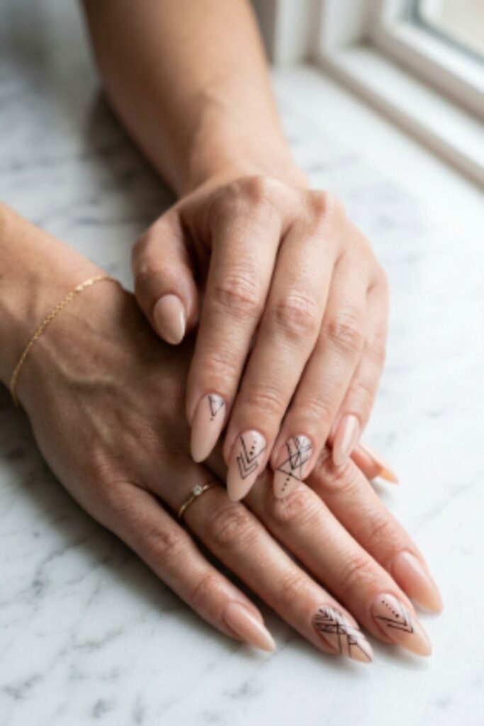 Nude almond Long Nail Designs featuring delicate black minimalist line art on a glossy finish.