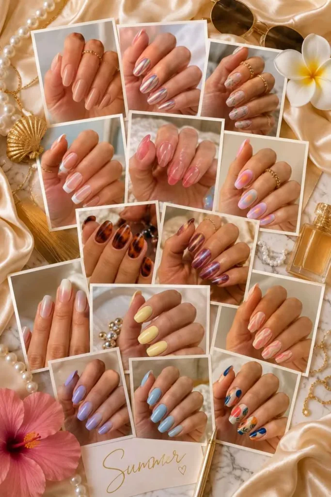 Luxury Pinterest mood board featuring elegant gel nail inspiration with chrome, floral, French, aura, and minimalist nail art.