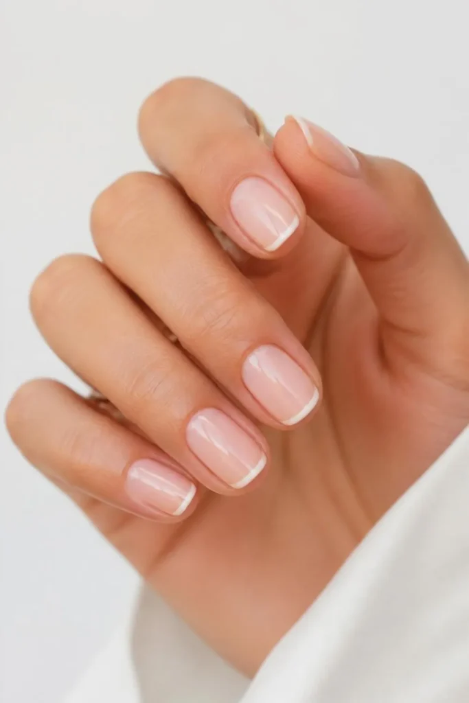 Minimalist short french tip nails with natural negative space, transparent nude nail beds, and thin white French tips creating a clean modern manicure.
