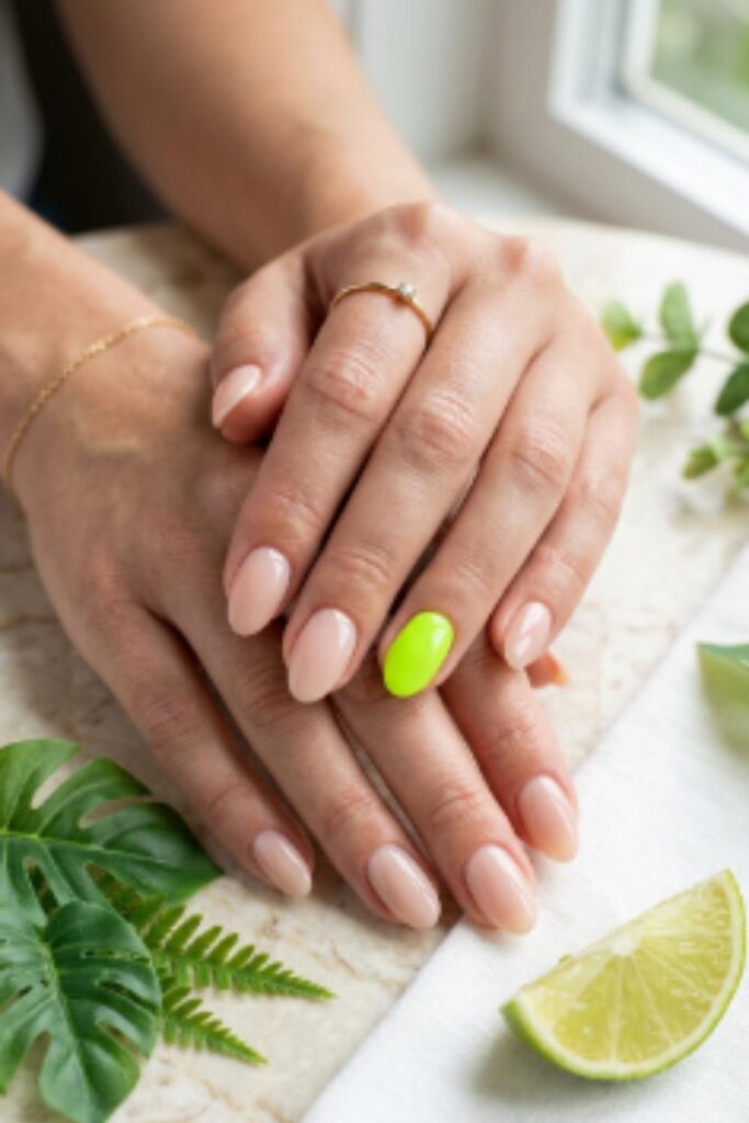 Nude gel nails with one vibrant neon lime accent nail creating a clean minimalist summer manicure.
