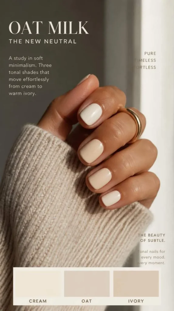 Short natural nails painted in three oat milk neutral shades creating a soft tonal minimalist manicure.