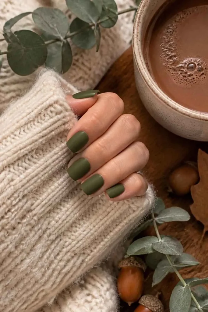 Short squoval nails painted deep olive green with a smooth matte cream finish for an earthy fall manicure.