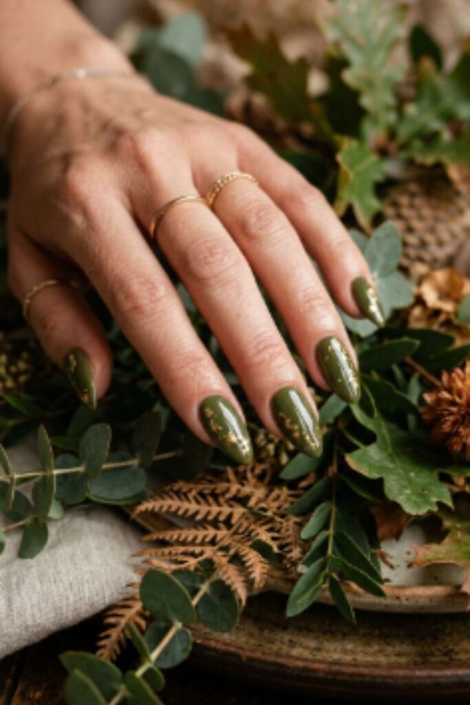 Olive green nails with gold foil accents and glossy botanical-inspired manicure.