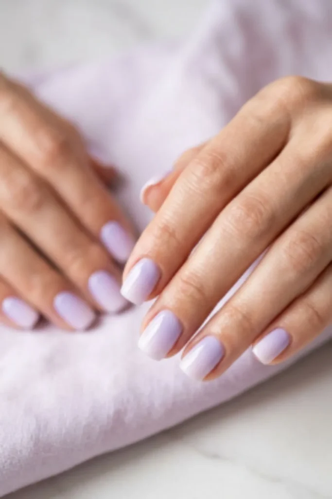 Short squoval nails with a soft pastel lavender ombre fading smoothly into milky white tips.