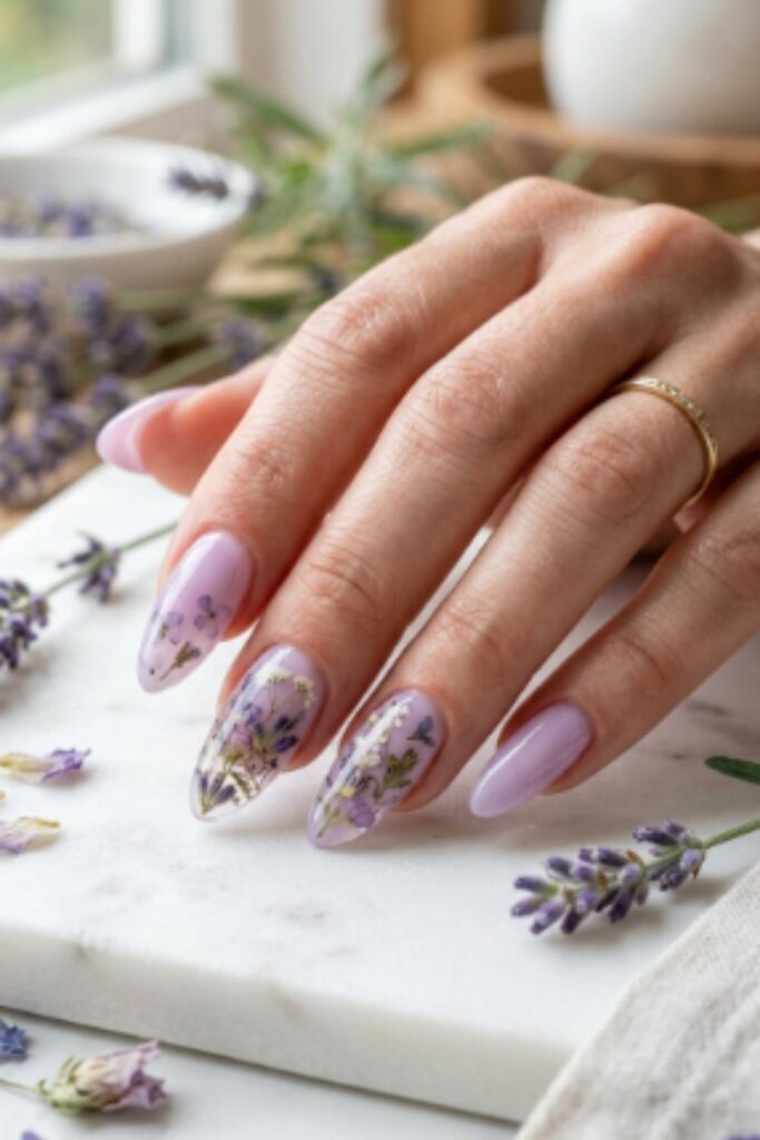 Long pastel lilac nails with encapsulated pressed flowers beneath glossy clear gel creating botanical-inspired nail art.