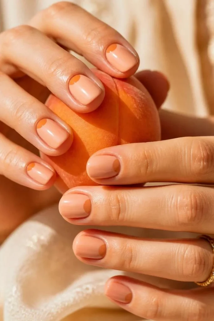 Short round nails painted in soft peachy nude polish with burnt orange half-moon nail art, photographed beside a fresh peach in warm natural light.