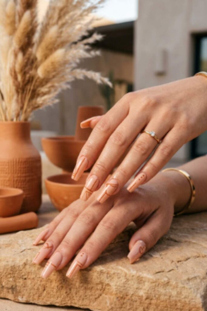 Peach nude coffin nails featuring thin rust geometric line art with a glossy modern finish.