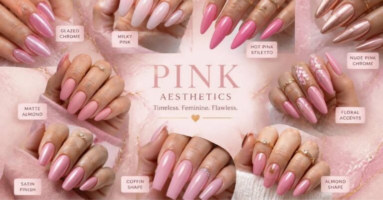 Luxury collage featuring elegant feminine hands with trendy pink acrylic nails aesthetic in almond, coffin, and stiletto shapes showcasing chrome, milky, floral, and matte finishes.
