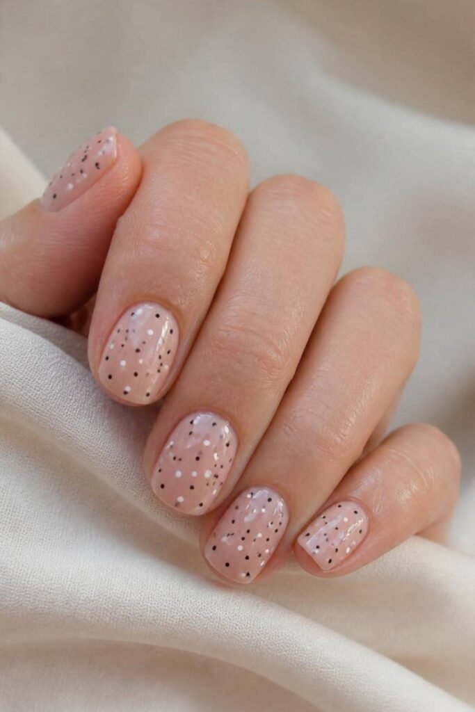 Short nude nails decorated with tiny modern polka dots in a glossy minimalist manicure.