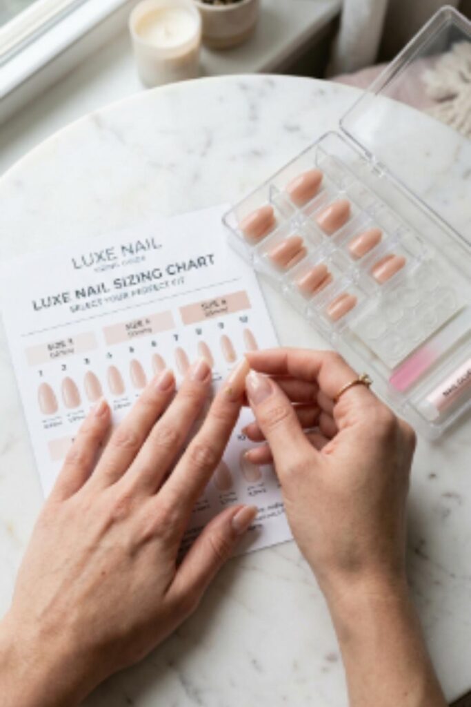 Press-on nail extension kit with glossy nail tips, sizing guide, and adhesive tabs for quick beginner-friendly manicures.
