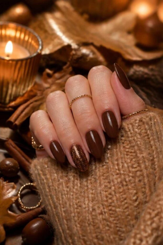 Rich walnut aesthetic brown fall nails with glossy polish and one bronze glitter accent ring finger for a cozy autumn manicure.