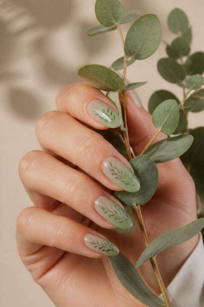 Sage green jelly acrylic nails featuring delicate botanical line art on a translucent glass-like manicure.