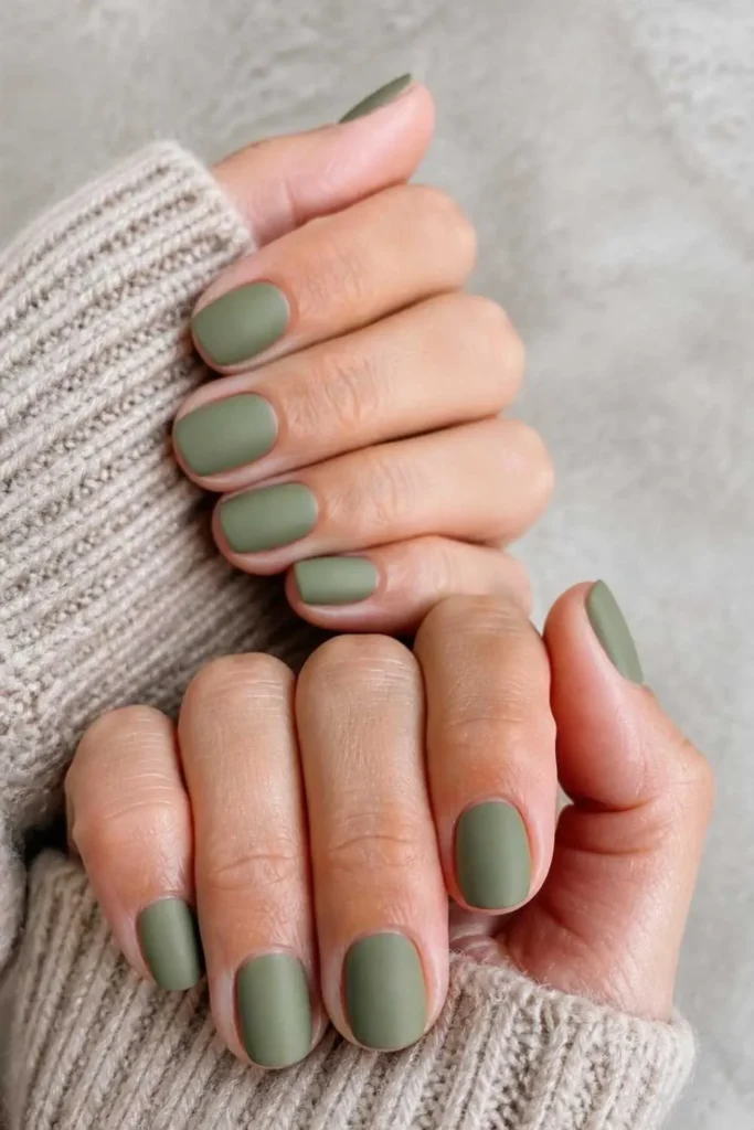 Matte sage green short professional nails with rounded tips and clean minimal styling for a modern office manicure.