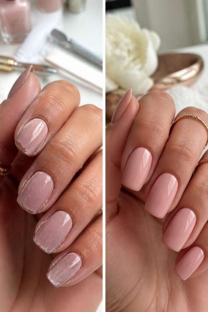 Split image comparing chipped polish, dry cuticles, thick polish application, and a flawless seasonal manicure.