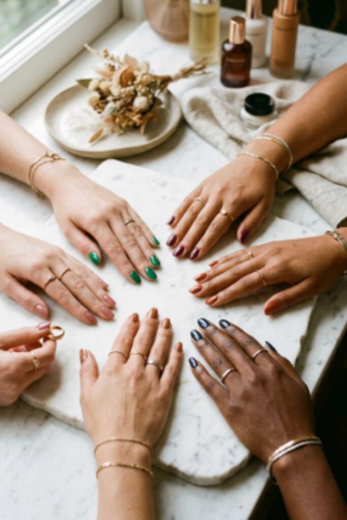 Diverse skin tones displaying flattering seasonal nail colors for fair, medium, olive, tan, and deep complexions.