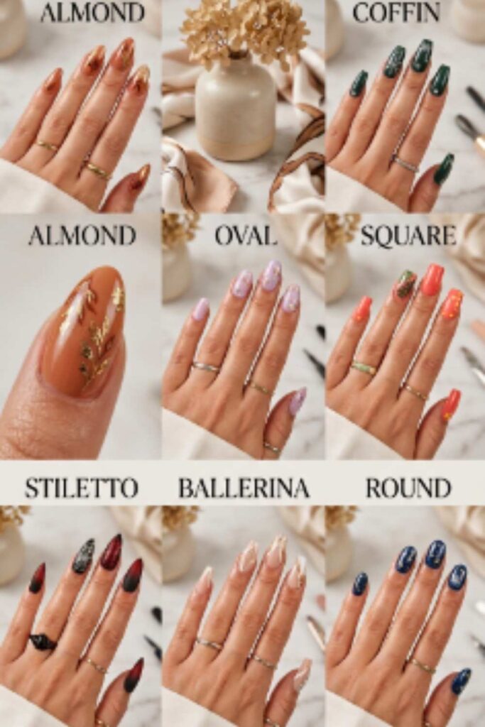 Seasonal manicures displayed on almond, oval, square, coffin, stiletto, ballerina, and round nail shapes.