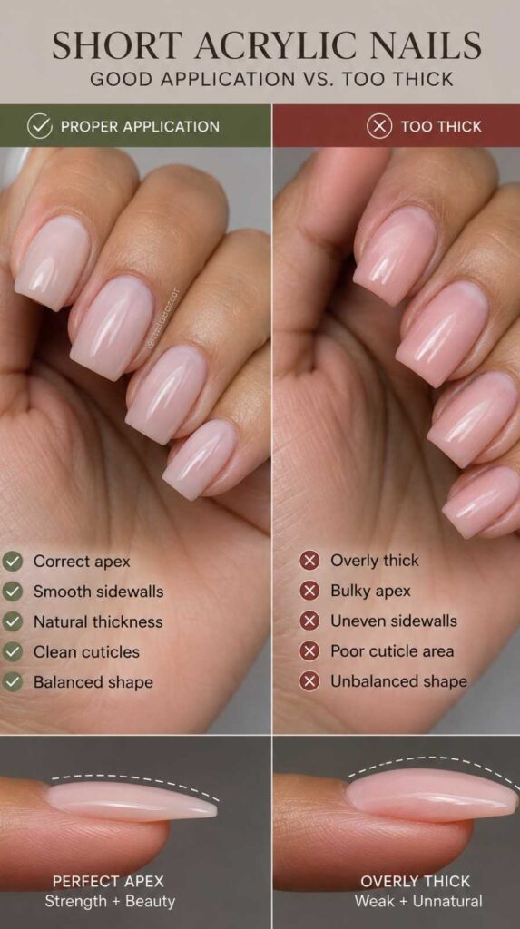 Common mistakes to avoid with classy short acrylic nails including thick acrylic application, poor shaping, and incorrect nail structure.