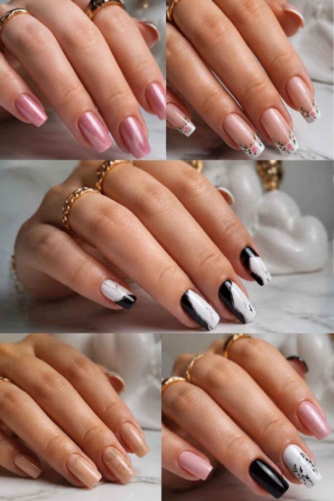 Modern Short Coffin Nail Designs featuring velvet nails, floral French tips, monochrome nail art, nude finishes, and subtle 3D accents.