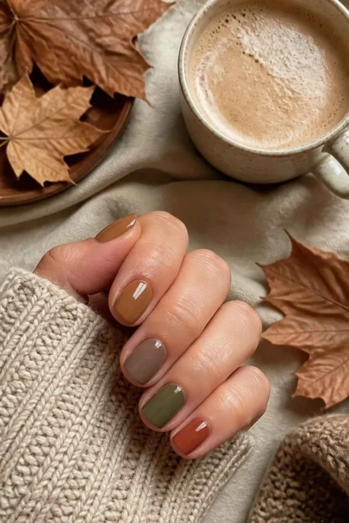 Short cozy fall nails painted in caramel, mushroom, olive green, and terracotta with simple earthy autumn finishes.