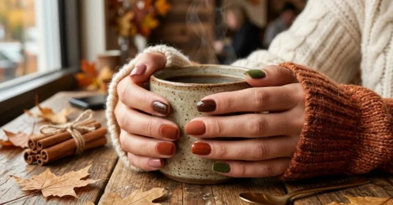 Short cozy fall nails in chocolate brown, terracotta, olive green, burnt sienna, and dusty rose wrapped around a warm coffee mug.