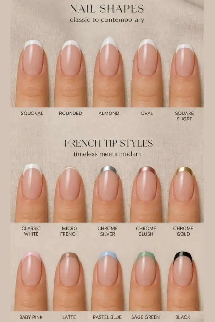 Comparison of short french tip nails on squoval, rounded, almond, oval, and square nail shapes featuring classic white, chrome, and colored French tip designs.