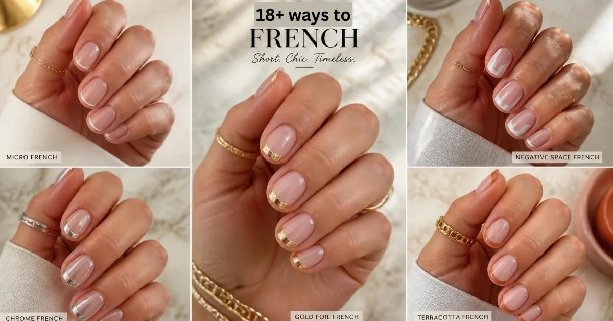 Luxury collage of elegant short french tip nails featuring micro French, chrome tips, gold foil accents, negative space, and terracotta French manicures on natural short nails with glossy salon-quality finishes.