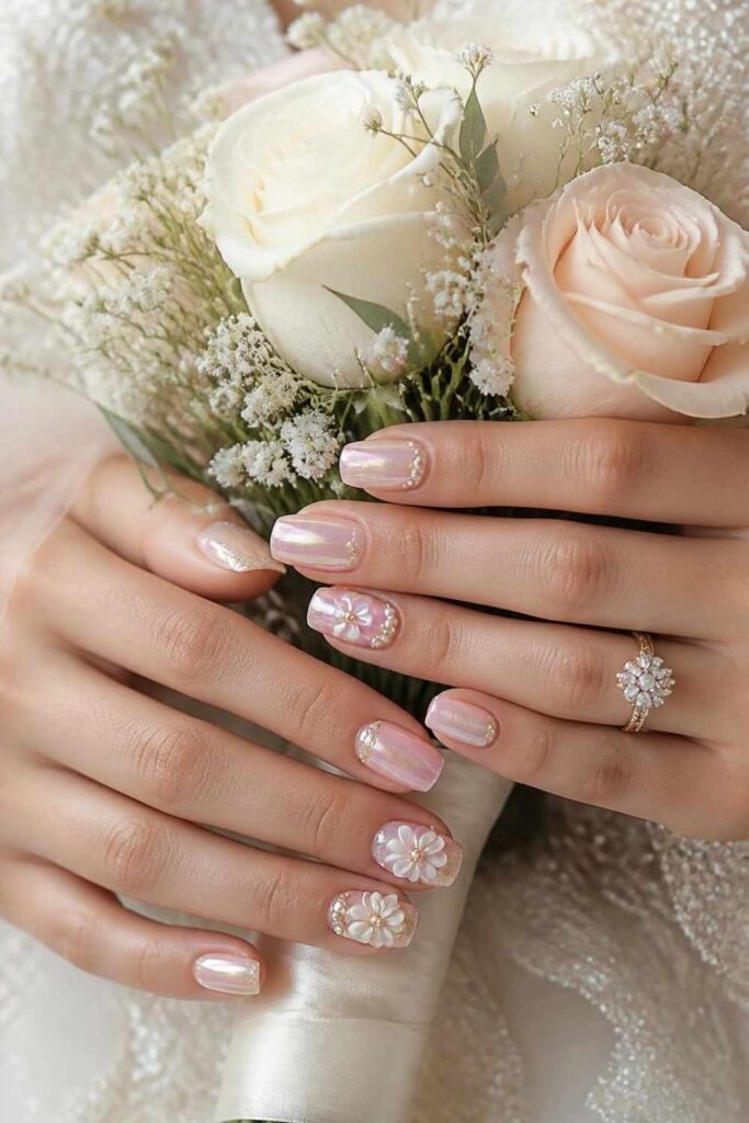 Elegant bridal Short Nail Designs with pearl accents, rose quartz nails, delicate floral art, and holographic chrome manicures.