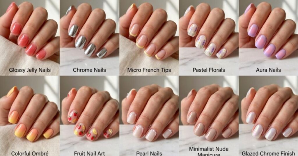 Pinterest-style collage featuring elegant feminine hands showcasing trendy short nail designs for Summer 2026, including chrome, jelly, floral, aura, French tip, ombré, and minimalist manicures.