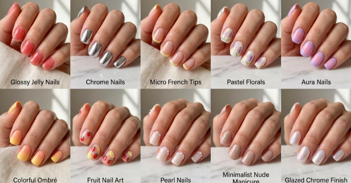 Pinterest-style collage featuring elegant feminine hands showcasing trendy short nail designs for Summer 2026, including chrome, jelly, floral, aura, French tip, ombré, and minimalist manicures.