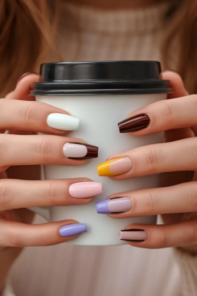 Woman holding a coffee mug while showing wearable short nails colorful designs with pastel shades, glossy polish, and minimalist nail art perfect for everyday style.