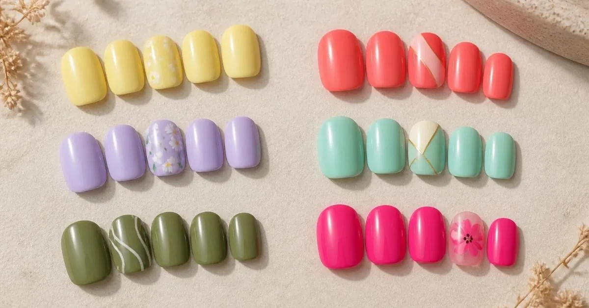Collection of trendy short nails colorful designs featuring pastel color blocks, floral accents, geometric nail art, glossy finishes, and vibrant summer manicure ideas on short natural nails.